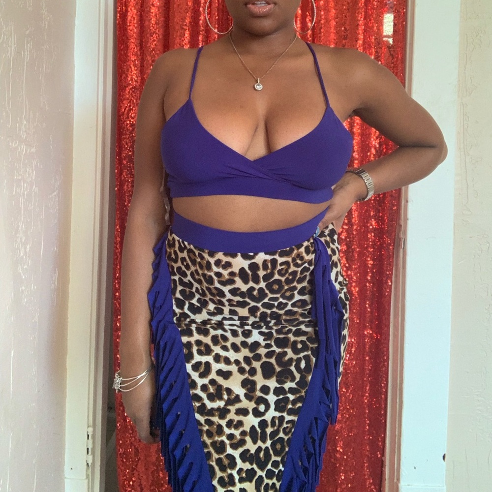 Royal blue fringe maxi skirt leopard set